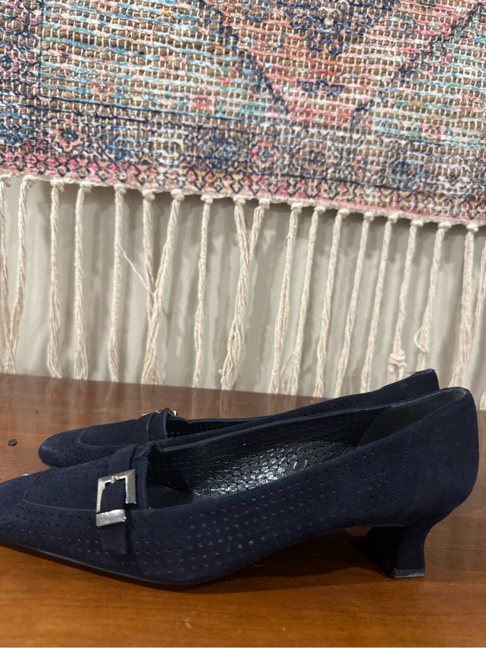 Stuart Weitzman Classic Navy Suede Kitten Heel Loafers